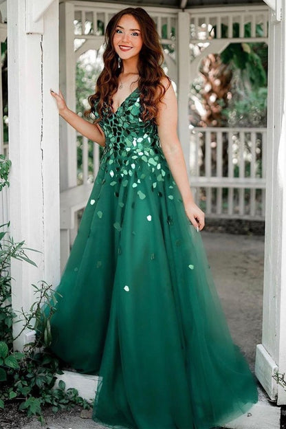 A-Line Green V-Neck Sequins Long Prom Dress,DS0614
