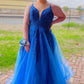 Elegant A-line Blue Long Prom Dress with Lace appliques,DS0613