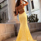 Mermaid Plunging Neck Yellow Lace Prom Dress with Slit ,DS0611