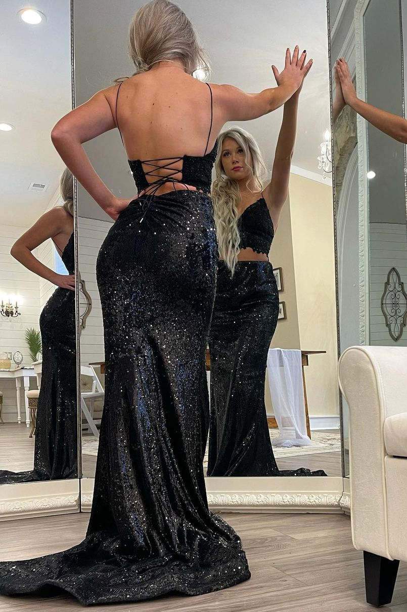 Glitter Two Piece Black Long Prom Dress with Lace Top ,DS0608