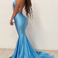 Blue Mermaid V-Neck Satin Long Prom Dress,DS0603