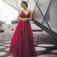 Sleeveless V Neck Tulle Ruby Appliques A-Line Prom Dresses,DS0602