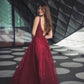 Sleeveless V Neck Tulle Ruby Appliques A-Line Prom Dresses,DS0602