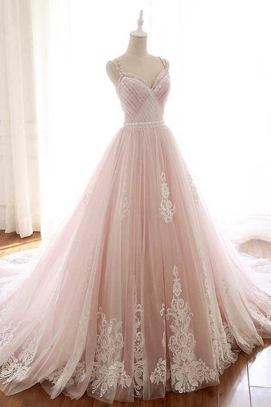 A Line Long Tulle Prom Dress With Lace Appliques,DS0598