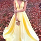 Simple V Neck Straps Long Unique Yellow Satin Prom Dresses,DS0596