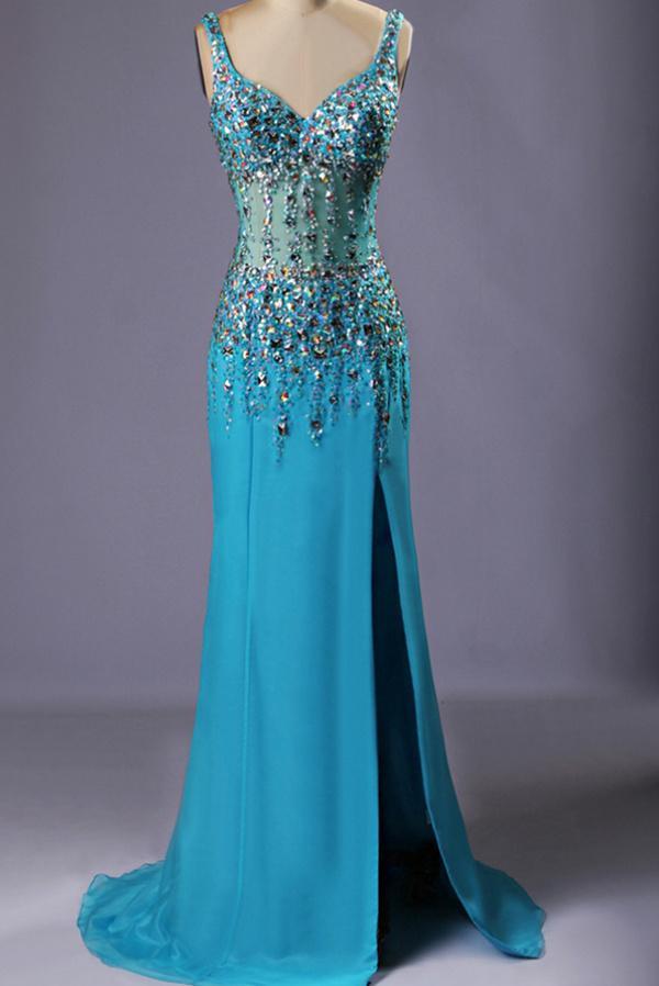 Crystaled Sheer Bodice Sparkle Prom Dress,DS0597