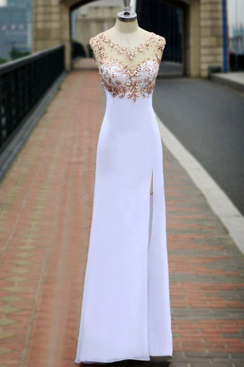 Scoop Chiffon Open Back White Long Prom Dress With Crystal,DS0593