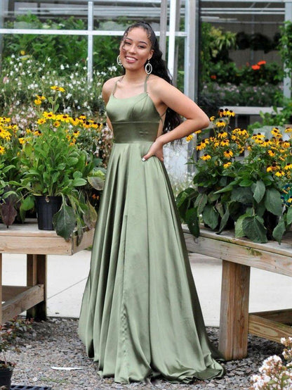 Simple green satin long prom dress, green evening dress,DS0590