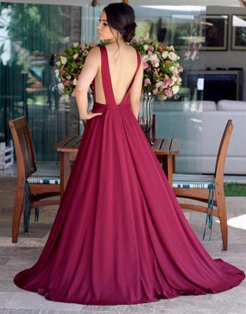Cheap A Line Satin Burgundy V Neck Backless Long 2022 Prom Dresses,DS0587
