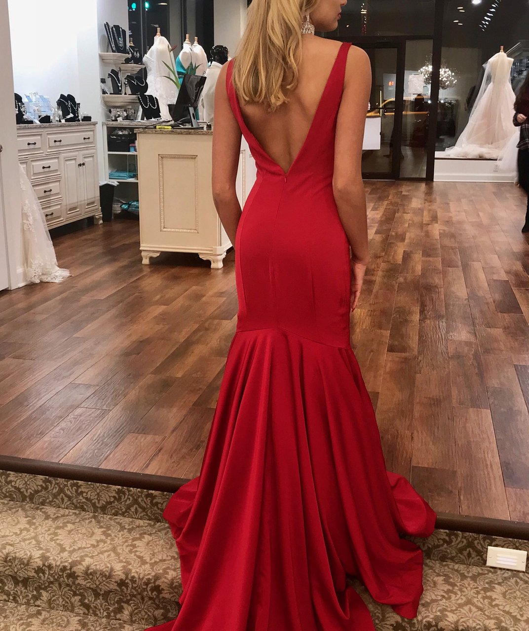 Sexy Mermaid Red V Neck Backless Long Elastic Satin Prom Dresses