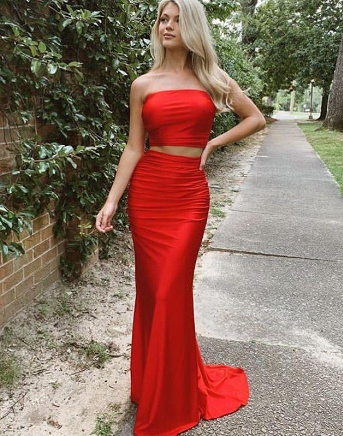 Sheath Red Strapless Long Two Pieces Prom Dress,DS0581