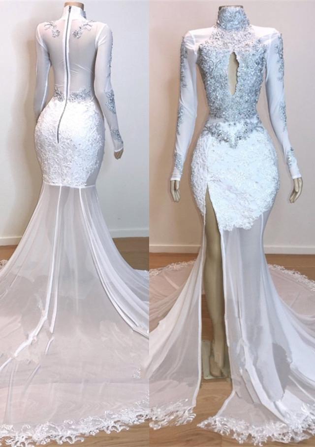 White Long Sleeve High Neck Lace and Tulle Side Slit Mermaid Prom Dresses,DS00579