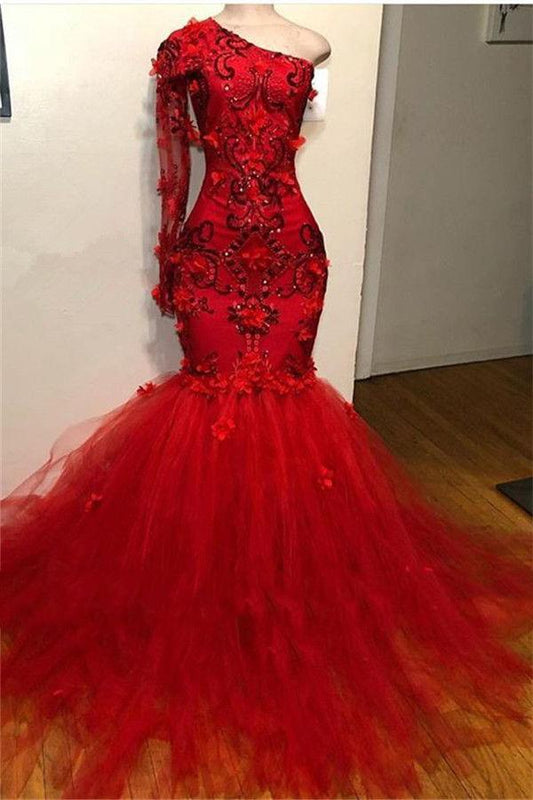 Mermaid 2022 Red Long Sleeves Tulle Beaded Long Prom Dress,DS00580