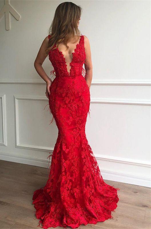 Sexy Red Mermaid V Neck Lace Charming Prom Dresses,DS00578