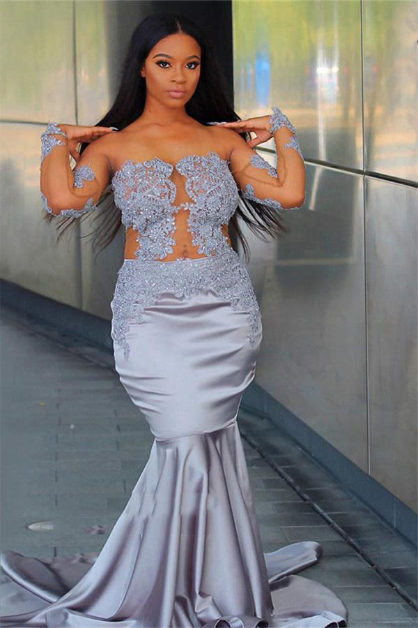 Sexy Light-Slate-Gray Mermaid/Trumpet Applique Long Sleeve See Through Plus Size Prom Dresses,DS00575