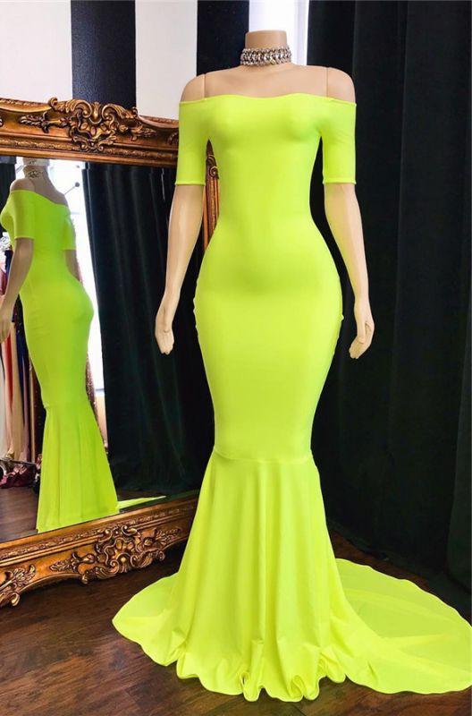 Cheap Mermaid Short Sleeves Off Shoulder Lime Green Prom Dresses,DS00574