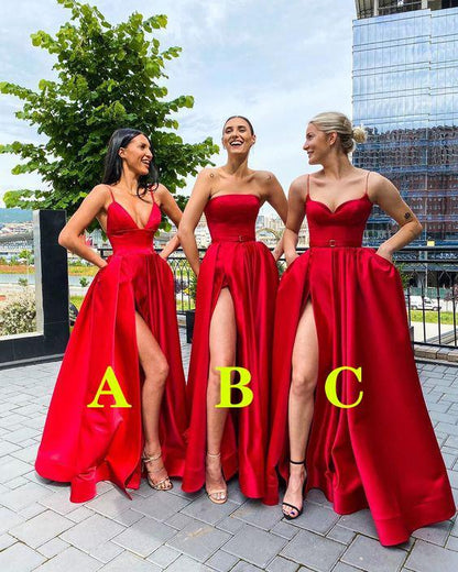 Free Shipping A-Line Red Satin Side Slit Long Prom Evening Dresses,DS0570