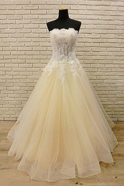 Champagne Tulle Strapless Plus Size Long Lace Formal Prom Dress,DS0568