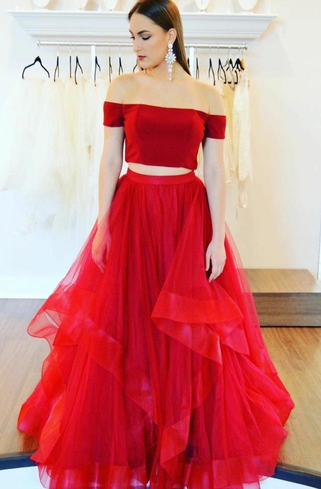 New Designer A Line Red Two Pieces Tulle Off Shoulder Ruffles Prom Dresses,DS0548