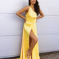 One Shoulder Yellow Satin Long Prom Dresses with High Slit, One Shoulder Yellow Formal Dresses, Yellow Evening Dresses,DS0546
