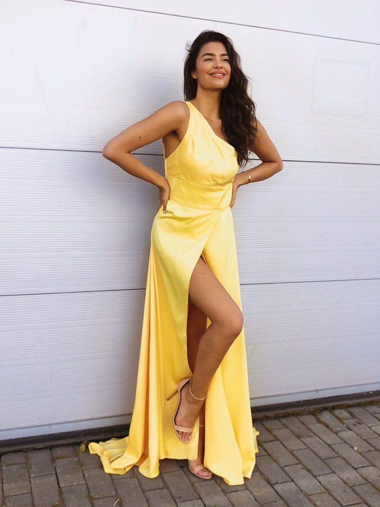One Shoulder Yellow Satin Long Prom Dresses with High Slit, One Shoulder Yellow Formal Dresses, Yellow Evening Dresses,DS0546