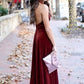 A Line Halter V Neck Backless Ankle Length Burgundy Prom Dresses, Backless Wine Red Velet Formal Dresses, Maroon Evening Dresses,DS0545