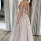 A Line Open Back Thin Strap Gray Lace Long Prom Dresses, Gray Lace Floral Formal Evening Dresses,DS0544