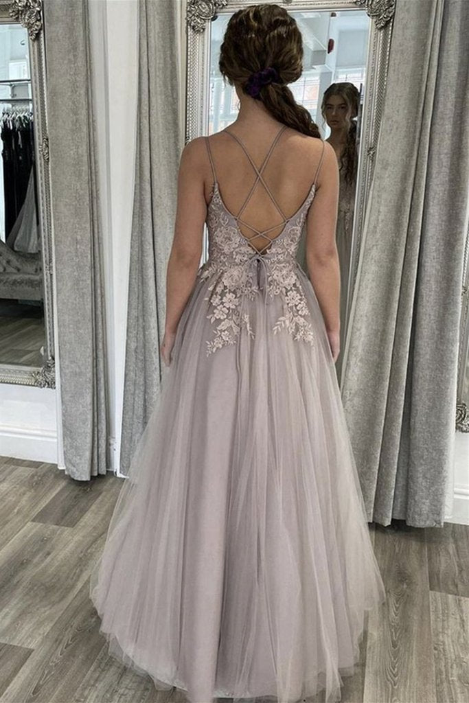 A Line Open Back Thin Strap Gray Lace Long Prom Dresses, Gray Lace Floral Formal Evening Dresses,DS0544
