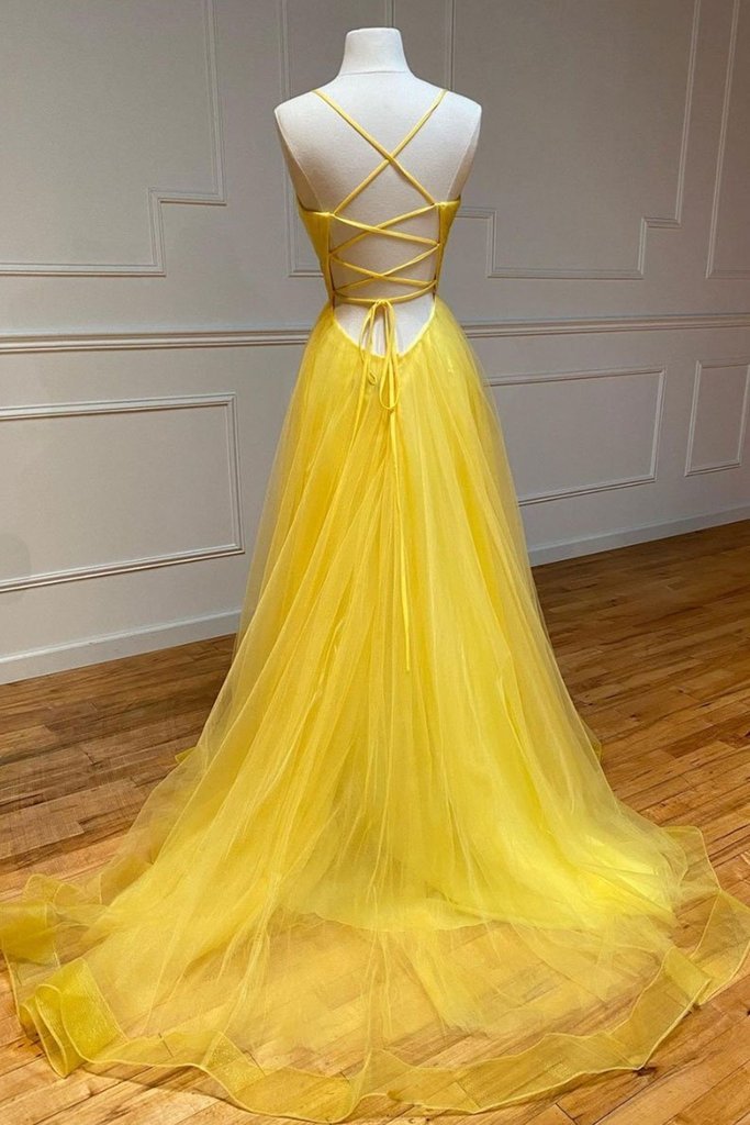 Simple V Neck Backless Yellow Tulle Long Prom Dresses, V Neck Yellow Long Formal Evening Dresses,DS0541