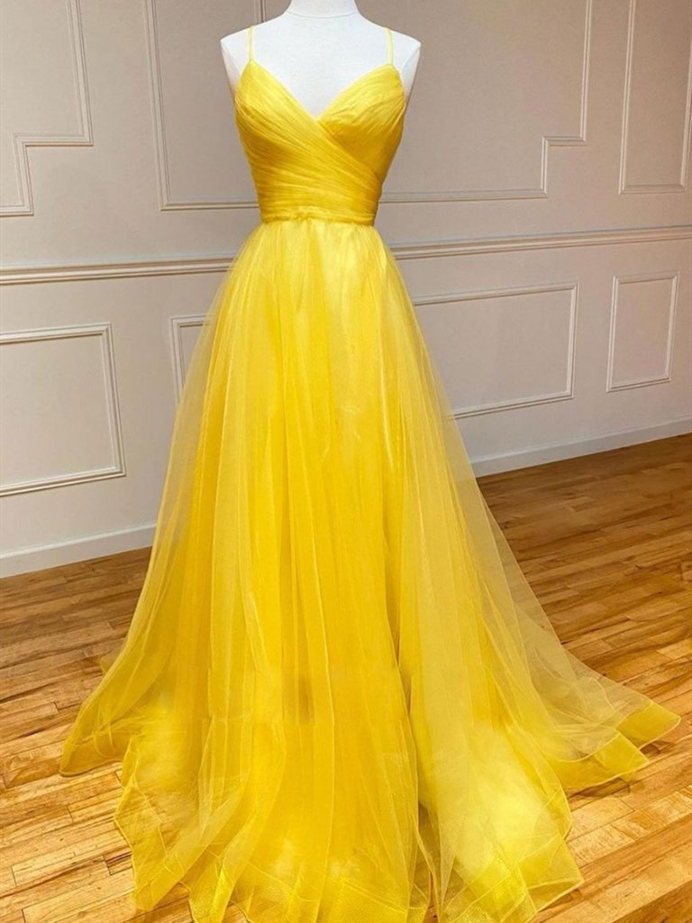 Simple V Neck Backless Yellow Tulle Long Prom Dresses, V Neck Yellow Long Formal Evening Dresses,DS0541