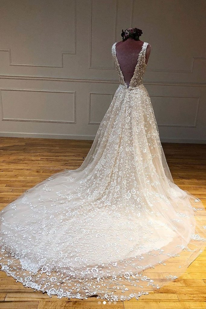 Deep V Neck and V Back Champagne Lace Long Wedding Dresses, Champagne Lace Prom Formal Evening Dresses,DS0540