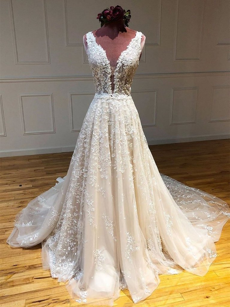Deep V Neck and V Back Champagne Lace Long Wedding Dresses, Champagne Lace Prom Formal Evening Dresses,DS0540