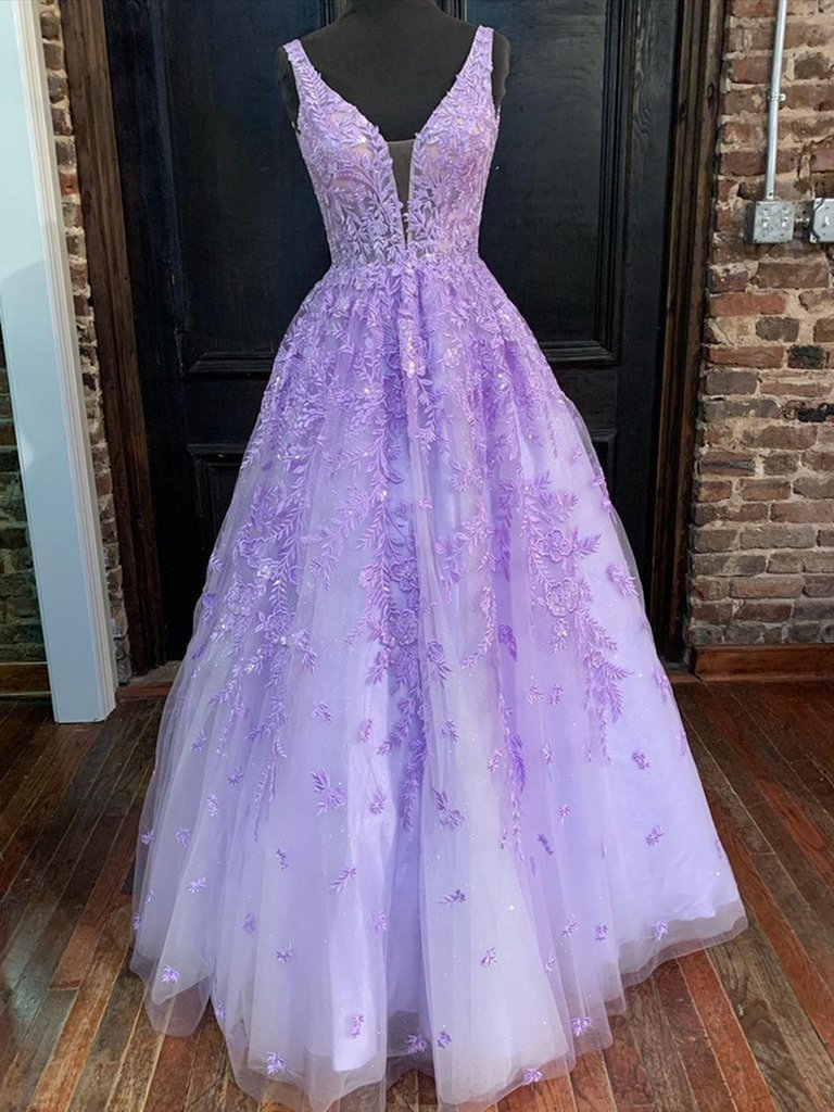 Deep V Neck Purple Lace Long Prom Dresses, Purple Lace Formal Graduation Evening Dresses,DS0539