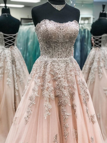 Sweetheart Neck Strapless Champagne Lace Long Prom Dresses, Champagne Lace Formal Dresses, Champagne Evening Dresses,DS0538