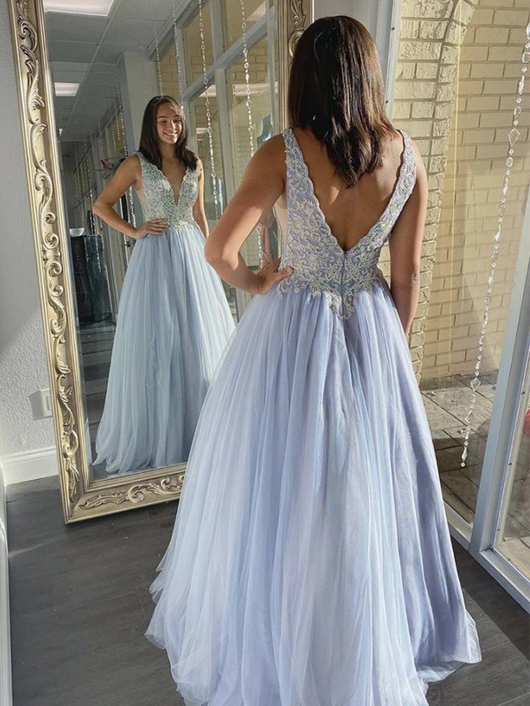A Line V Neck Light Blue Lace Long Prom Dresses, Light Blue Lace Formal Dresses, Light Blue Evening Dresses,DS0537
