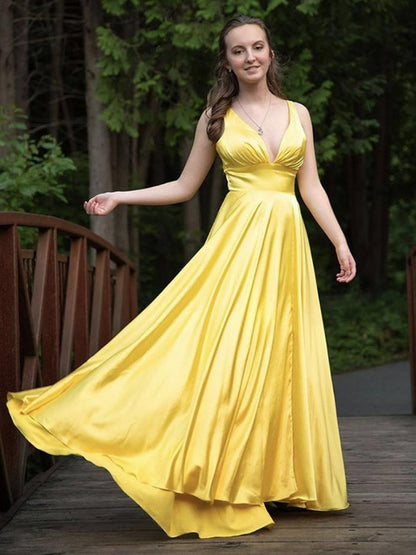 A Line V Neck Backless Yellow Satin Long Prom Dresses, Backless Yellow Formal Dresses, Yellow Evening Dresses,DS0536