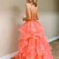 Princess Tulle Backless Lace Long Coral Prom Dresses with Beadings, Backless Coral Formal Dresses, Beaded Coral Evening Dresses,DS0532