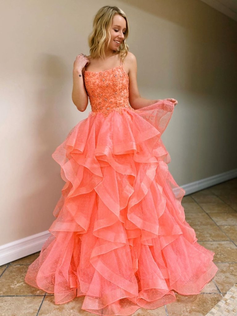 Princess Tulle Backless Lace Long Coral Prom Dresses with Beadings, Backless Coral Formal Dresses, Beaded Coral Evening Dresses,DS0532