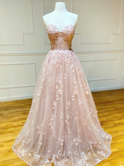 Sweetheart Neck Strapless Pink Floral Long Prom Dresses, Long Pink Floral Formal Evening Dresses,DS0528