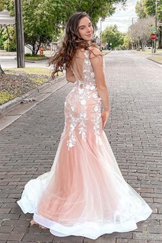 Mermaid V Neck Open Back Pink Lace Floral Long Prom Dresses, Mermaid Pink Lace Formal Dresses, Pink Lace Evening Dresses,DS0527