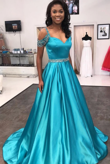 Blue Cap Sleeves Satin A Line Beaded Long Prom Dresses with Sweep Train,DS0525