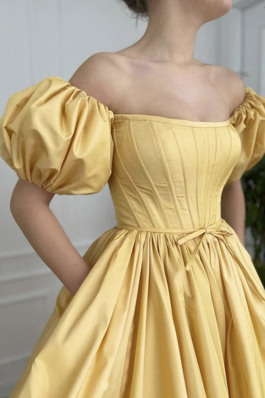 Yellow satin long A line prom dress yellow evening dress,DS0524