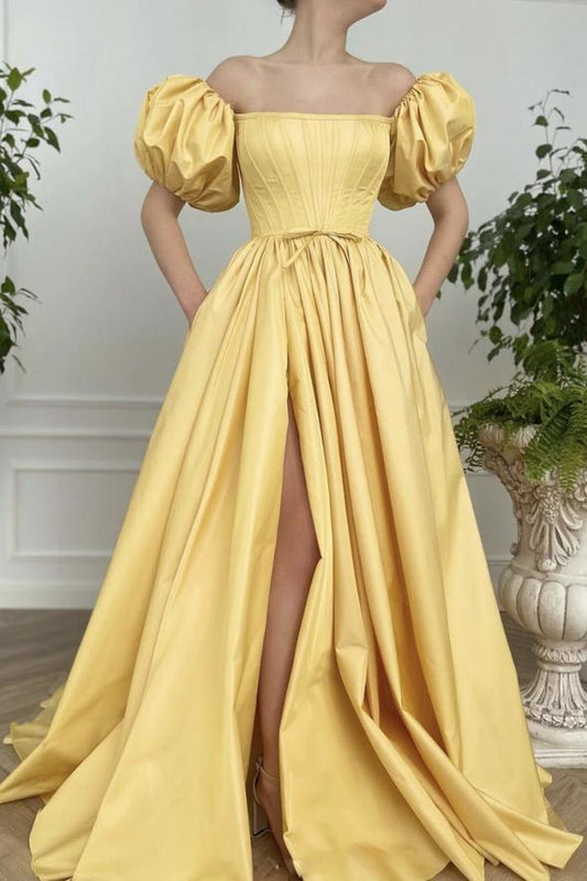Yellow satin long A line prom dress yellow evening dress,DS0524