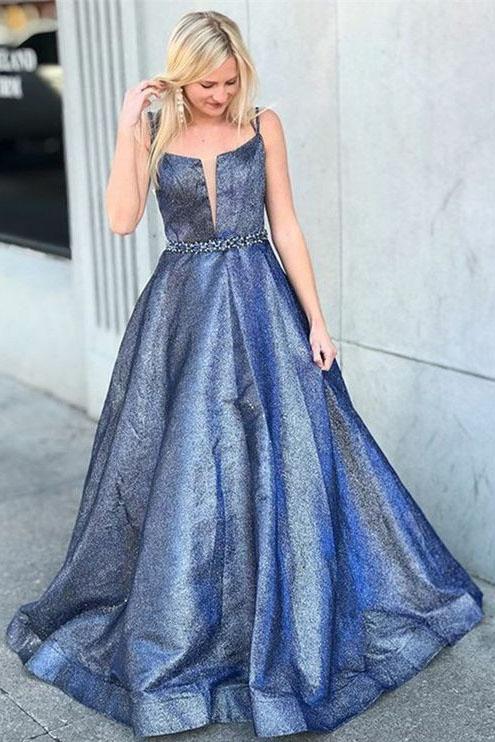A-Line Square Criss-Cross Straps Blue Satin Prom Dress with Beading,DS0523