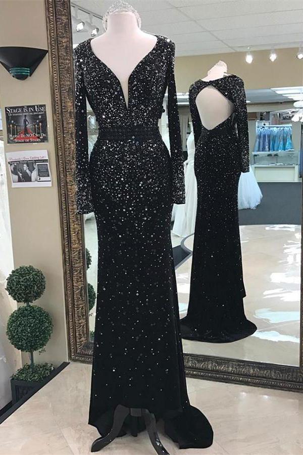 Sparkly Long Sleeves Modest Mermaid Backless Black Beaded Prom Dresses,DS0520