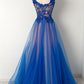Elegant Vintage Sleeveless Long Blue Tulle Lace Prom Dresses,Party Dresses,DS0521