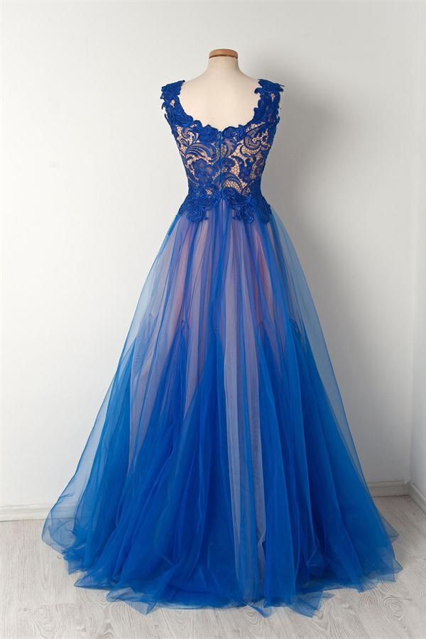 Elegant Vintage Sleeveless Long Blue Tulle Lace Prom Dresses,Party Dresses,DS0521