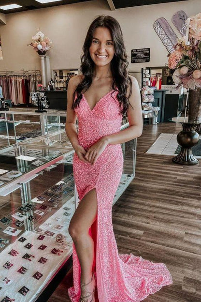 spaghetti straps mermaid hot pink sequins long formal prom dress with side slit,DS0518