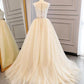 Unique round neck tulle lace applique long prom dress, champagne wedding dress,DS0514