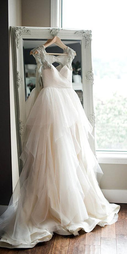 White sweetheart neck tulle long prom gown, wedding dress,DS0511